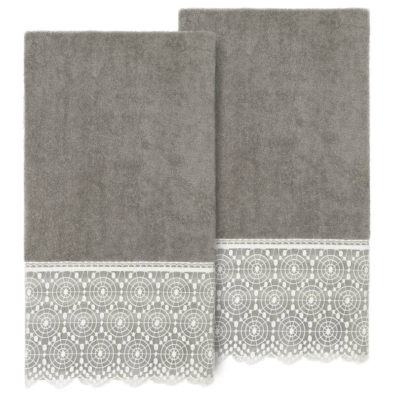 Authentic Hotel and Spa Turkish Cotton Arian 2PC Cream Lace Embellished Bath Towel Set - Dark Gray