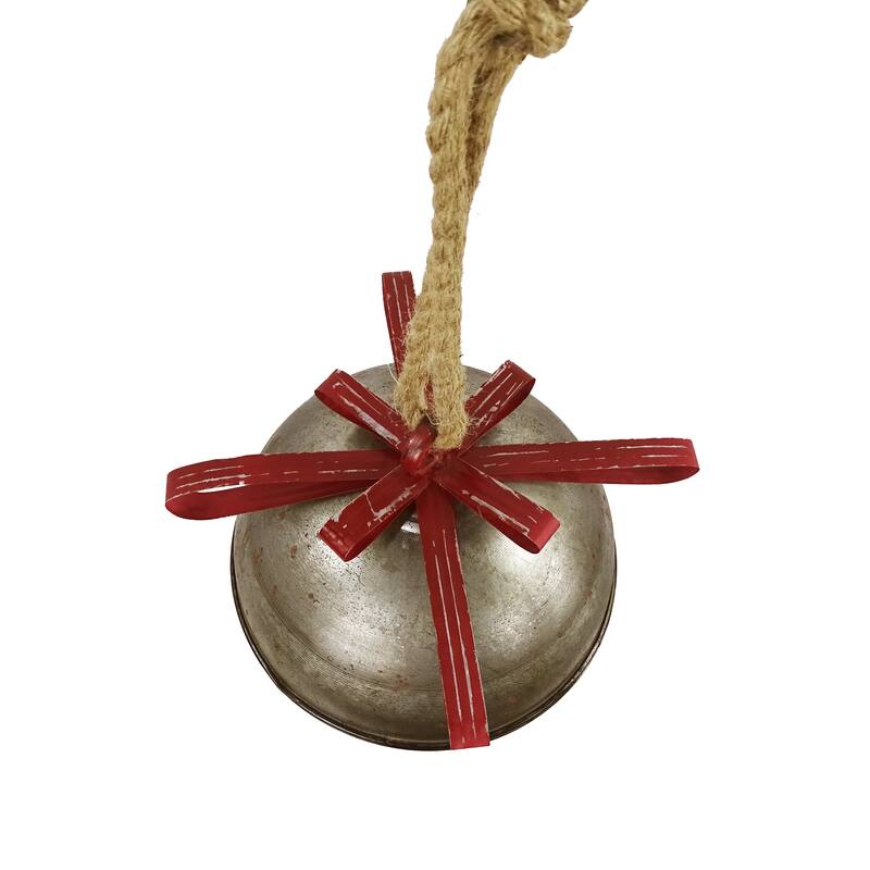 Christmas Metal Silver Bell with Red Bow Hanging Decor- Large