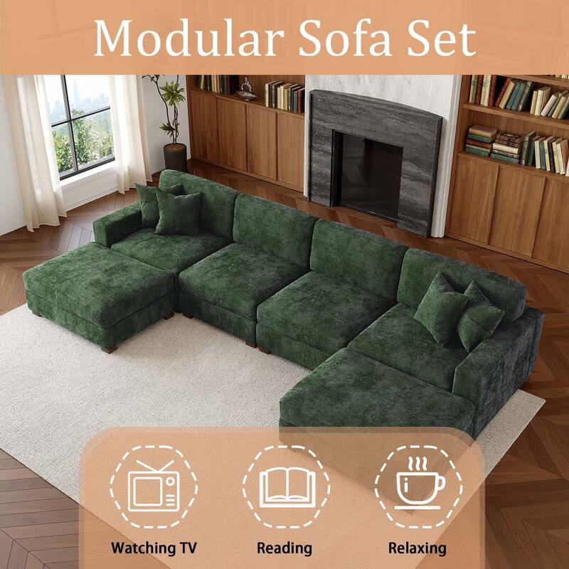 Oversized Chenille Modular Sectional Sofa Conversation Set with 2 Ottomans