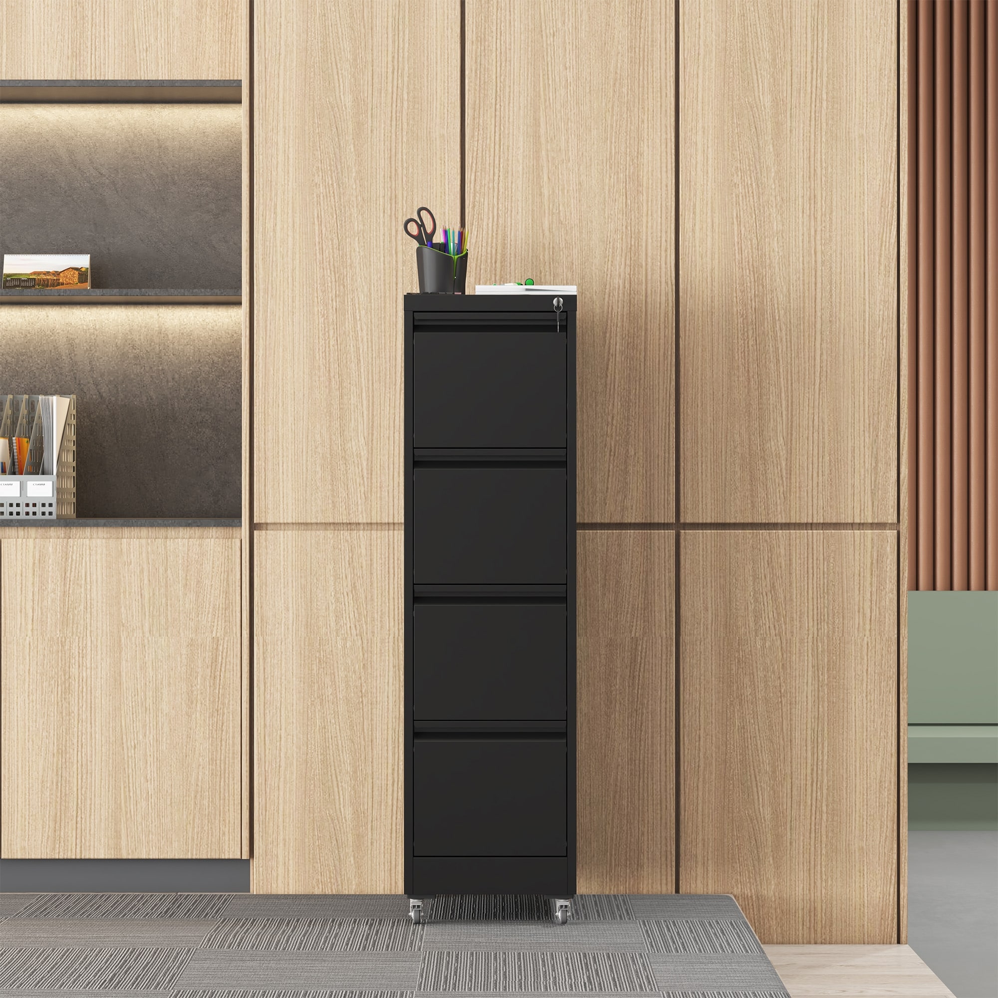 4 Drawer File Cabinet with Removable Wheels and Anti-Tip, Lockable Office Filing Cabinet Storage Cabinet
