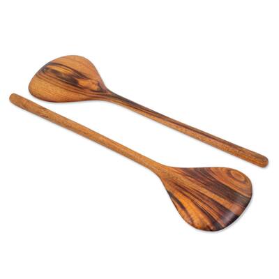 Handmade Peten Kitchen Wood Salad Utensils, Set of 2 (Guatemala) - Brown - 14.75" H x 4.3" W x 0.2" D