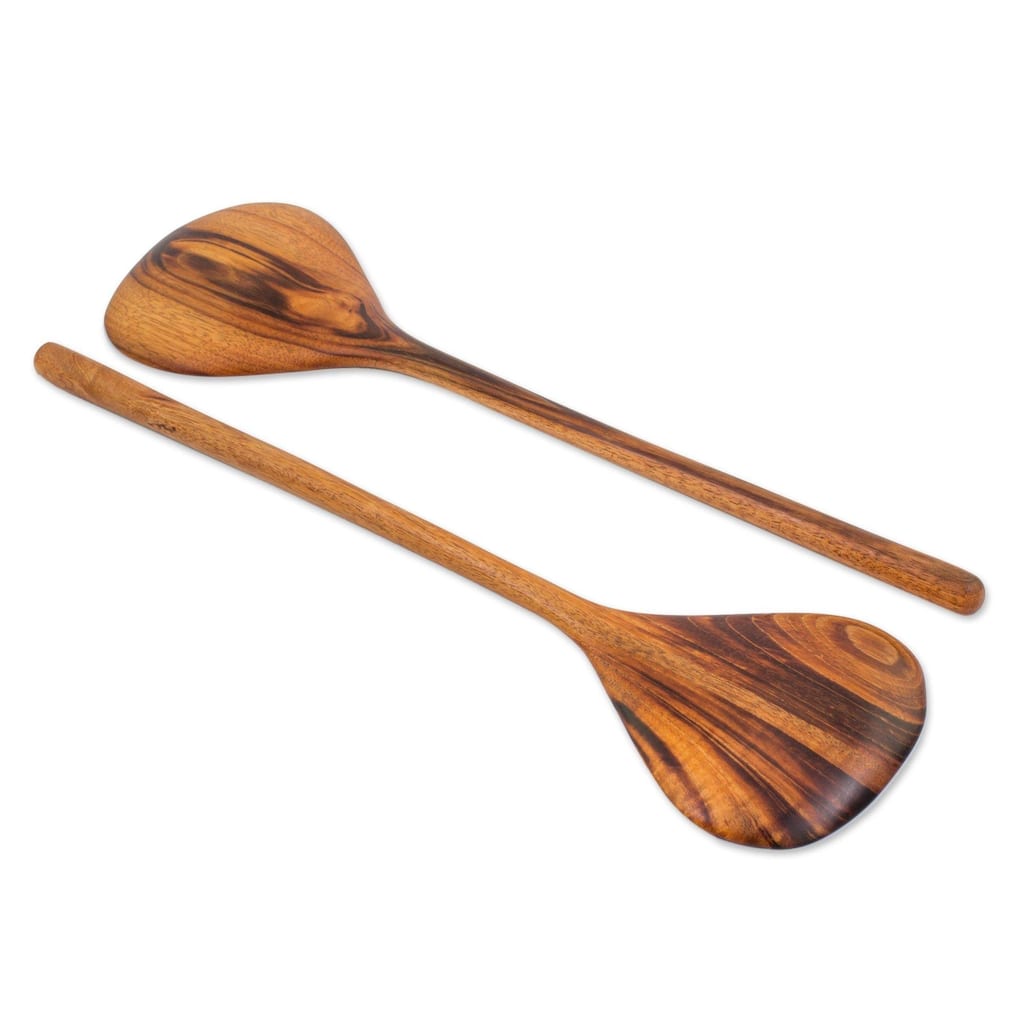 Handmade Peten Kitchen Wood Salad Utensils, Set of 2 (Guatemala) - Brown - 14.75" H x 4.3" W x 0.2" D