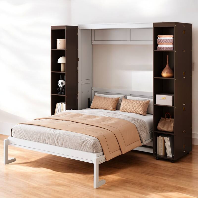 Queen Murphy Bed Cabinet with Storage Doors, Wall Bed with Hydraulic Lift System, Modern Fold-Up Bed - Espresso - Queen