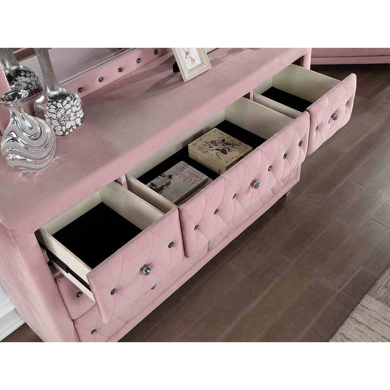 Glam Pink Upholstered 4Pc Bedroom Furniture Set with Crystal Button Tufting
