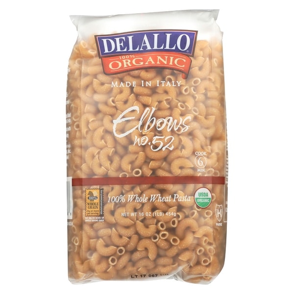 Delallo 100% Organic Whole Wheat #52 Elbows - Case of 16 - 1 lb.