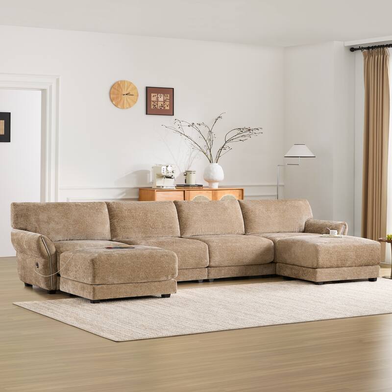 Modular Sectional Sofa Set with Petal Armrest Design External USB and Type-C Charger, Movable Ottoman, Chenille - Khaki 6 Seat