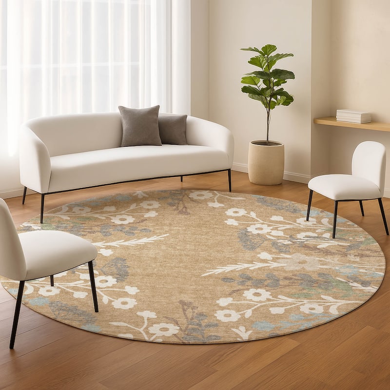 Machine Washable Indoor/ Outdoor Floral Border Chantille Rug