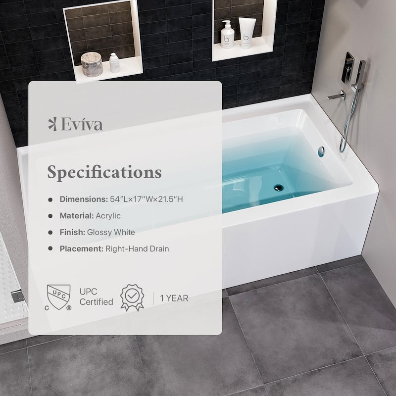 Eviva Swiss 54" Glossy White Acrylic Alcove Bathtub (Right Drain)
