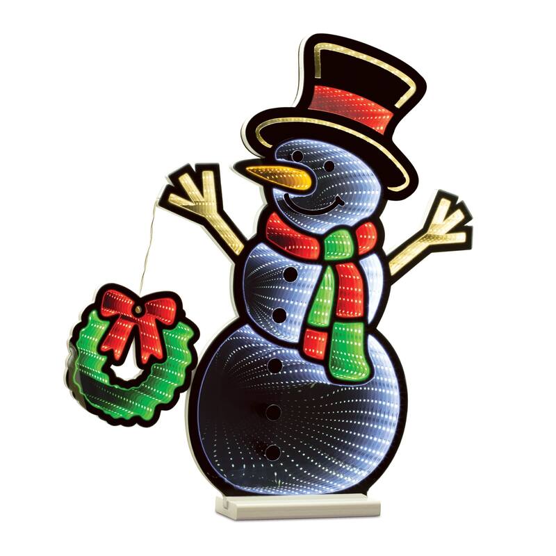 LED Lighted Snowman with Wreath Christmas Infinity Mirror - 24" - White and Green
