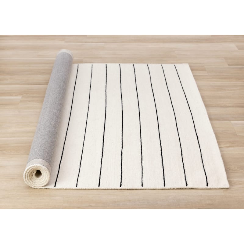 White Black Striped Handmade Wool Rug