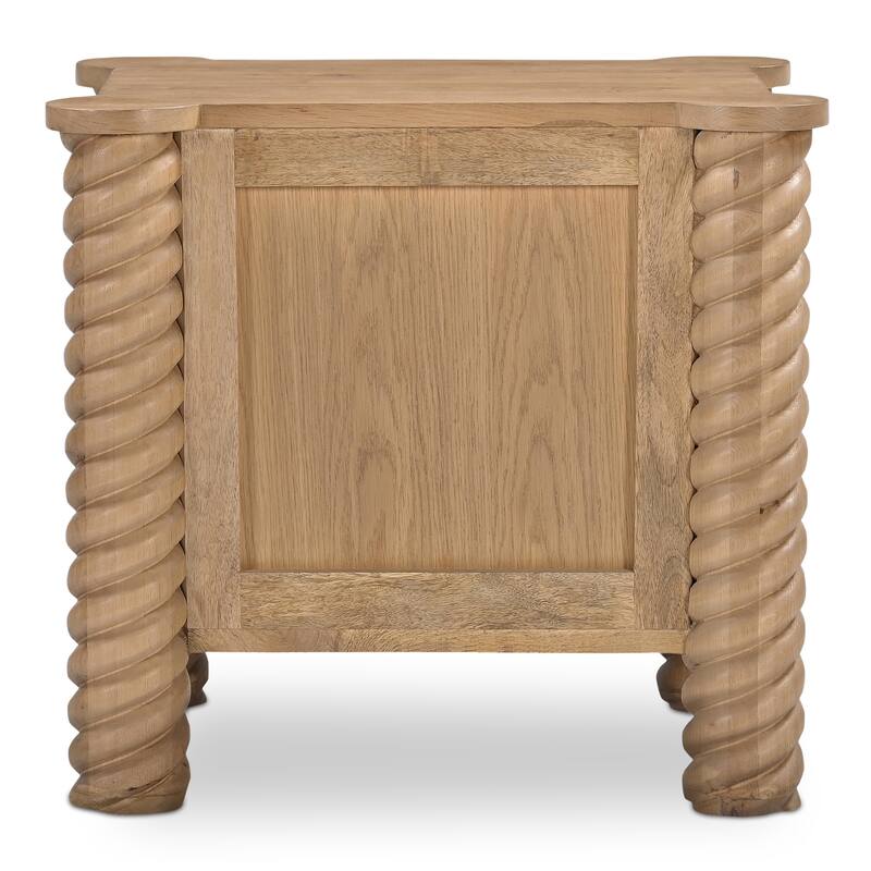 NADAAL STUDIOS Calvert Treccia Nightstand, Solid Oak with Oak Veneer Panels, 2 Drawers, Turned Legs, Natural Finish