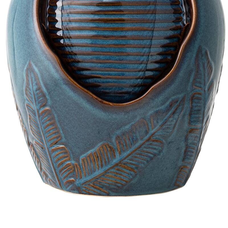 Glitzhome Leaf Textured Ceramic Jar Indoor Tabletop Water Fountain with LED Lights