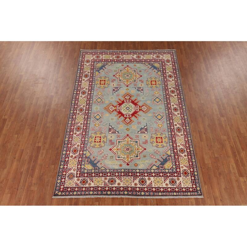 Hand Knotted Oriental 100% Wool Carpet Traditional Geometric Navy Blue & Blues Kazak Area Rug - 9' 8'' X 6' 6''