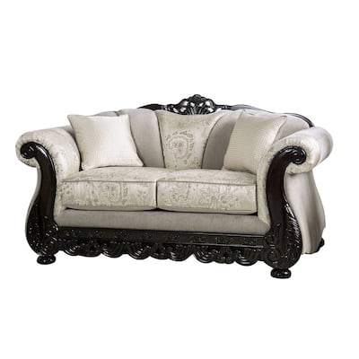Chenille Love Seat with Wood Trim Design in Ivory