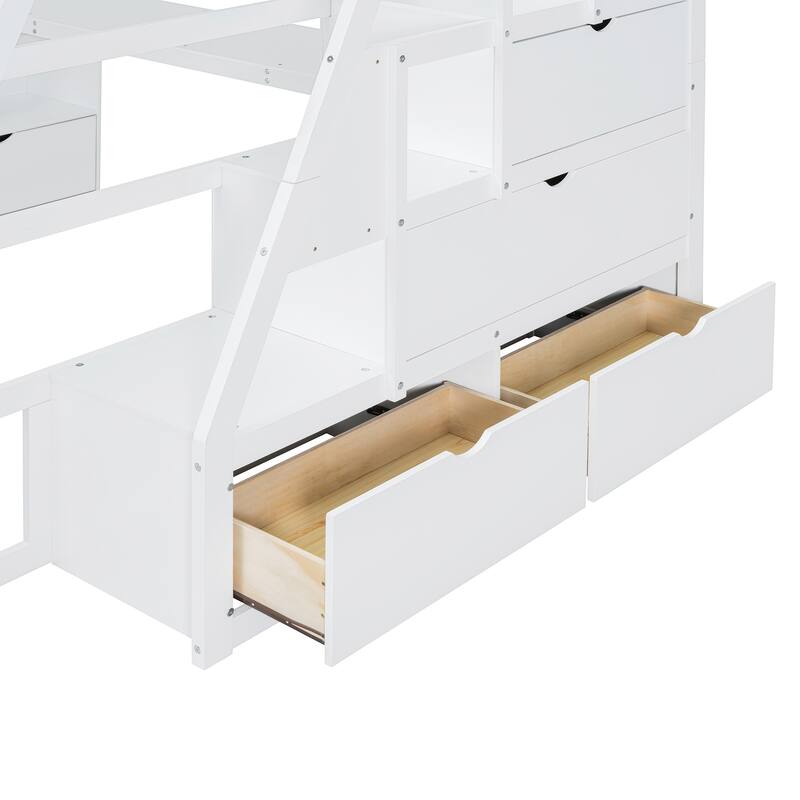 Full Size Loft Bed with 7 Drawers, 2 Shelves & Study Desk - White/Espresso/Gray