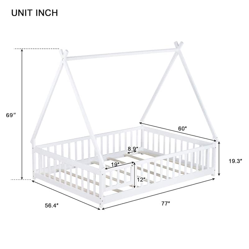 Roomfitters Twin/Full Tent-Shaped Floor Bed with Teepee Frame, Rubber Wood Platform with Guardrails, Slats and Door