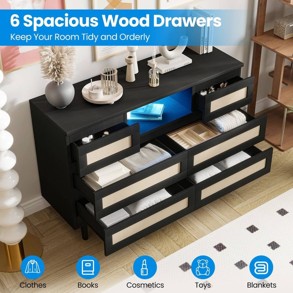 6-Drawer Rattan Dresser with LED Light & Charging Station, Modern Double Chest for Bedroom