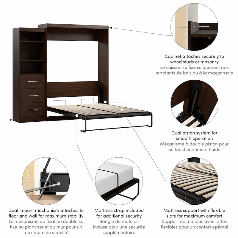 Bestar Pur Queen Murphy Bed with Shelving Unit and Drawers (90W)