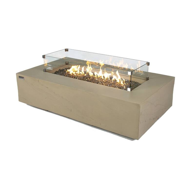 Elementi Plus Meteora Outdoor Fire Pit Table Concrete Rectangular 60000 BTU - 55.9 x 31.9 inches with Lid, Fire Glass, and Cover