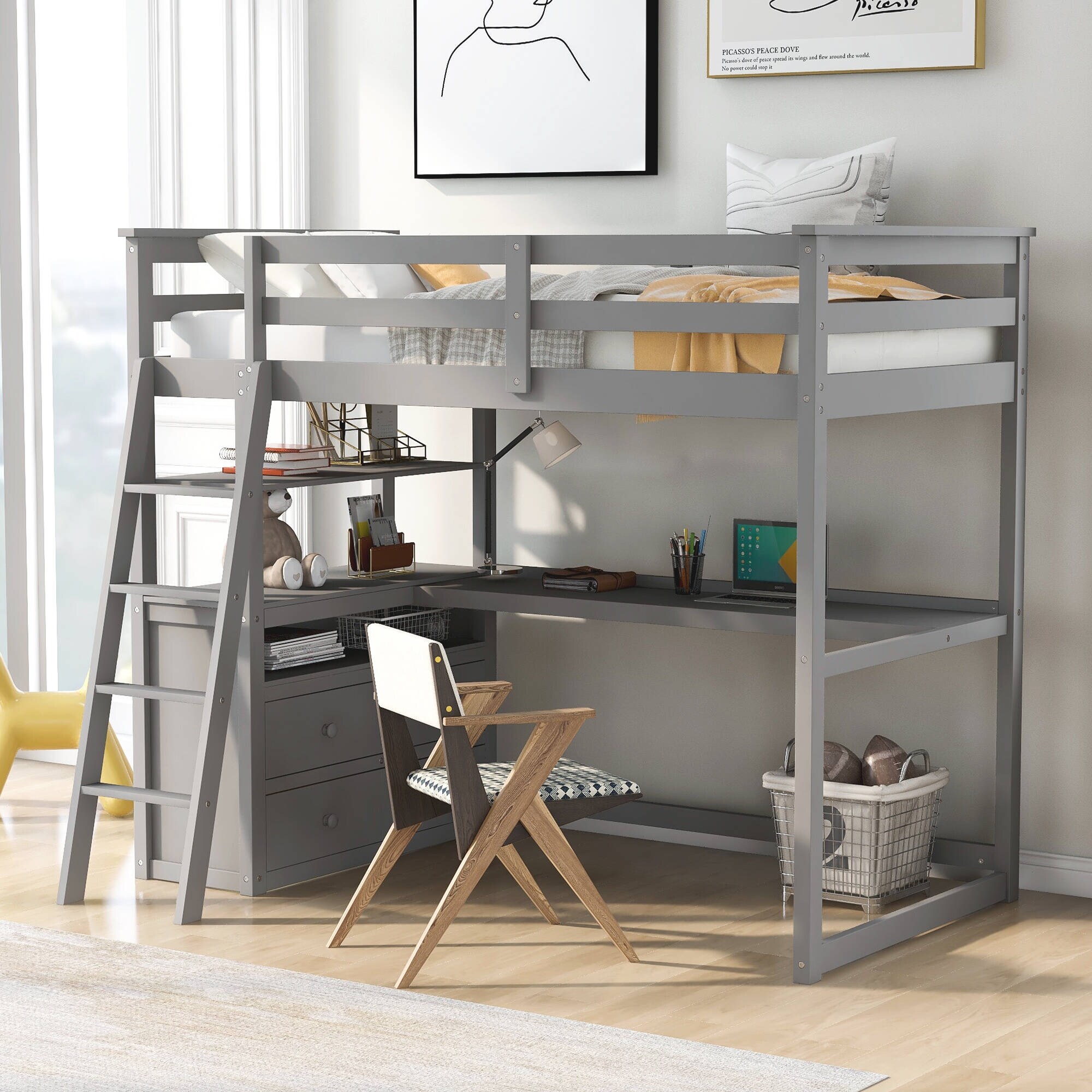 Twin Size Loft Bed Storage Bed with Desk and Shelves,Two 193271072170