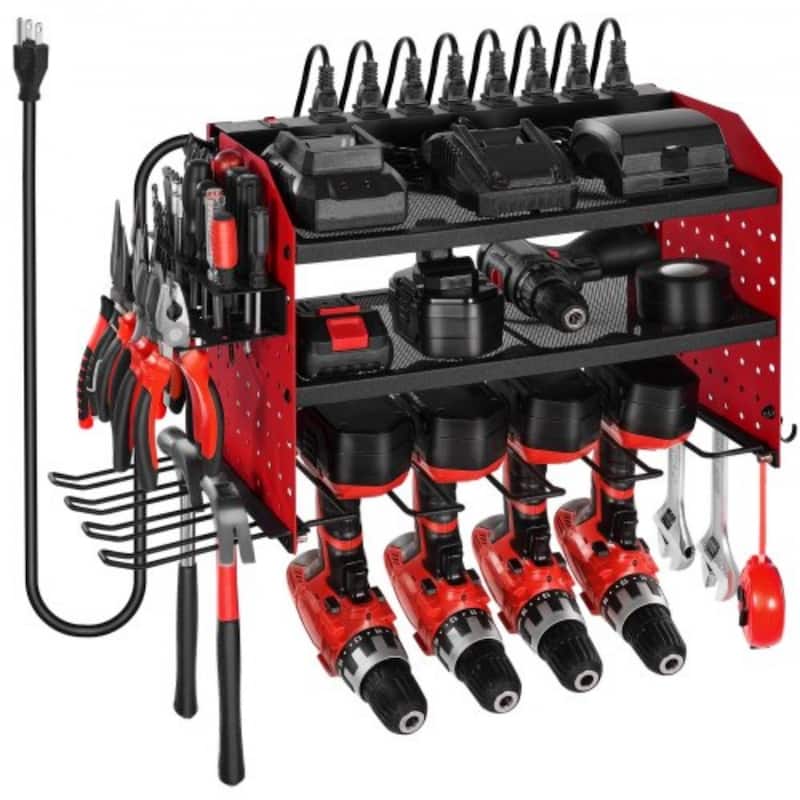 3-Tier Wall Hanging Tool Rack with Built-In 8-Outlet Power Strip and Adjustable Middle Shelf - 23.31 x 8.66 x 12.01 in
