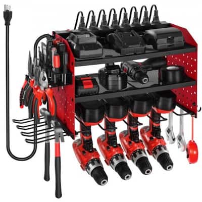 3-Tier Wall Hanging Tool Rack with Built-In 8-Outlet Power Strip and Adjustable Middle Shelf - 23.31 x 8.66 x 12.01 in