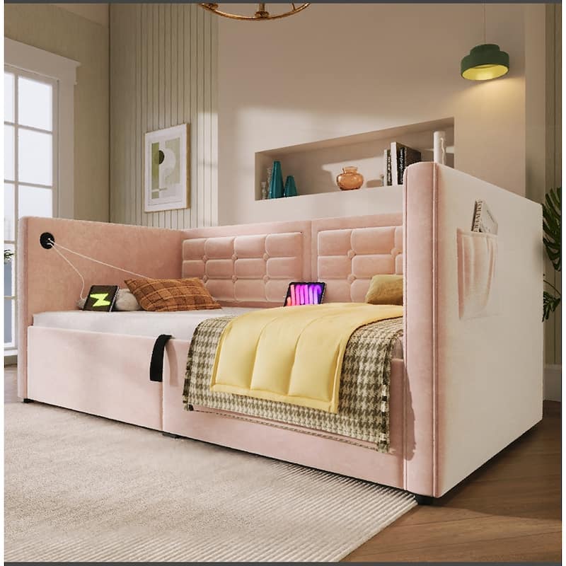 Hydraulic Storage Twin Bed Frame with Wooden Slats and Tufted Sofa Back - Pink - Twin