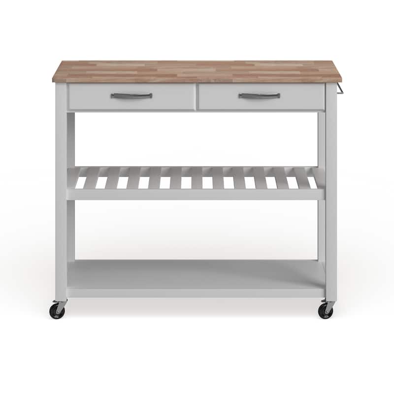 Crosley Natural Wood Top Kitchen Cart/ Island With Optional Stool Storage in White Finish - 17"d x 43"w x 35"h