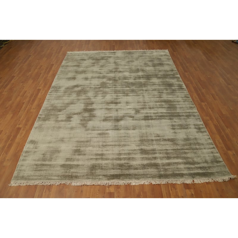 Hand Knotted Oriental Viscose Silk Carpet Modern Modern Green Abstract Area Rug - 11' 4'' X 8' 0''