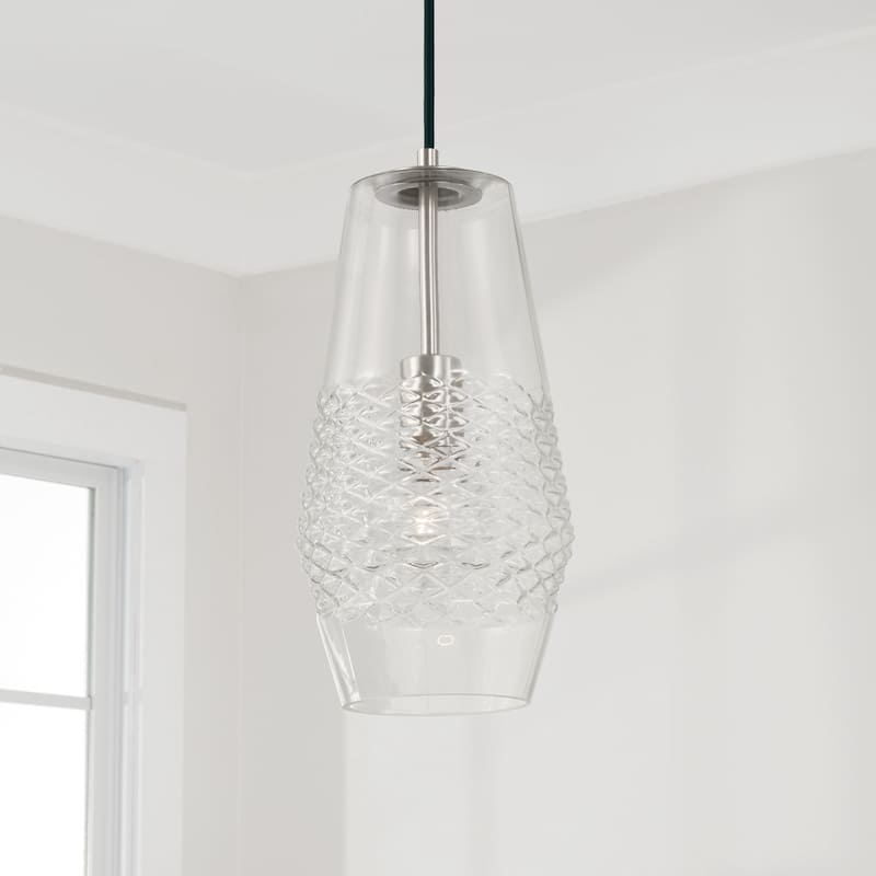 Dena 1-light Pendant w/ Diamond Embossed Glass & Black Braided Cord
