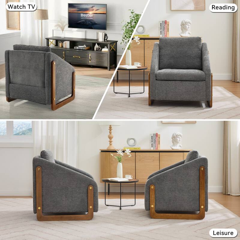 Modern Chenille Upholstered Armchair with Wooden Side Frame, Single Accent Leisure Chair with Backrest for Living Room, Bedroom