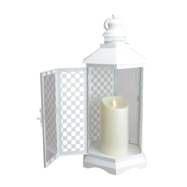 2 WHITE floral lattice Lantern & LED flameless pillar Candle holder Lamp wedding 