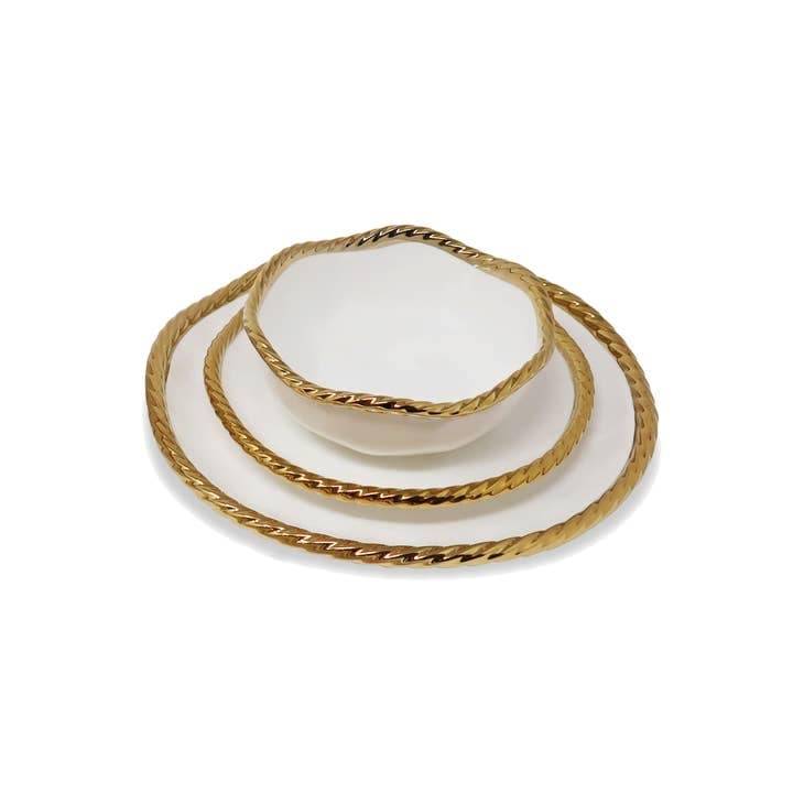 Set of 4 New Bone China Plates with Gold Rope Edge