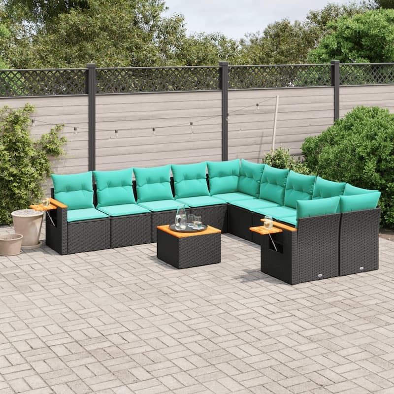 vidaXL 10 Piece Patio Sofa Set with Cushions Black Poly Rattan - 21.7x27.2x24.4-With table