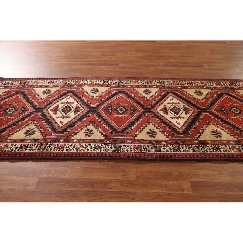 Geometric Red Ardebil Persian Vintage Runner Rug Handmade Wool Carpet - 3'6"x 10'7"