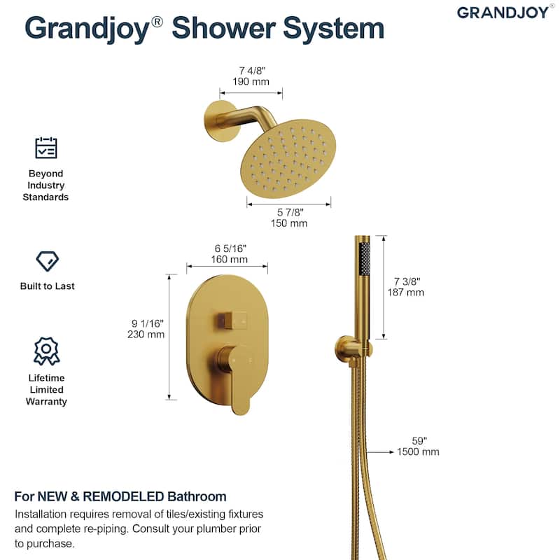 GRANDJOY Dual Shower Kit with Round Rainfall Head and Hand Shower, Lever Control Valve
