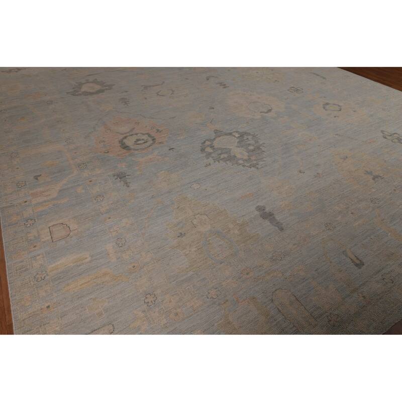 Blue Oushak Turkish Large Area Rug Hand-Knotted Wool Carpet - 12'1"x 14'9"