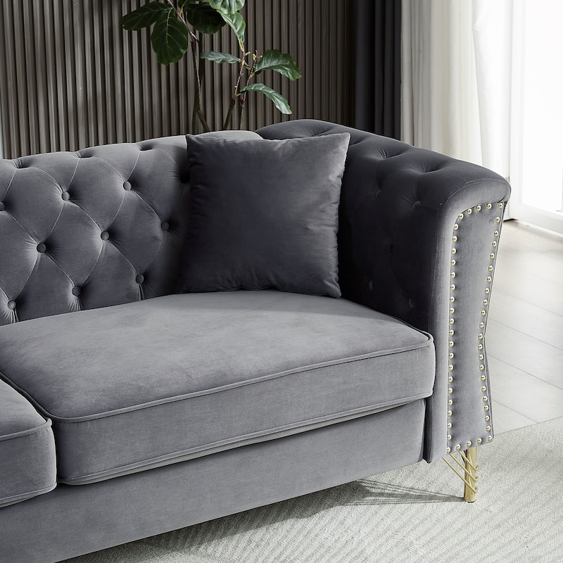 60.2" Chesterfield Velvet Sofa, 2-Seater Tufted Couch with Nailhead Trim and Metal Legs, Ideal for Living Room