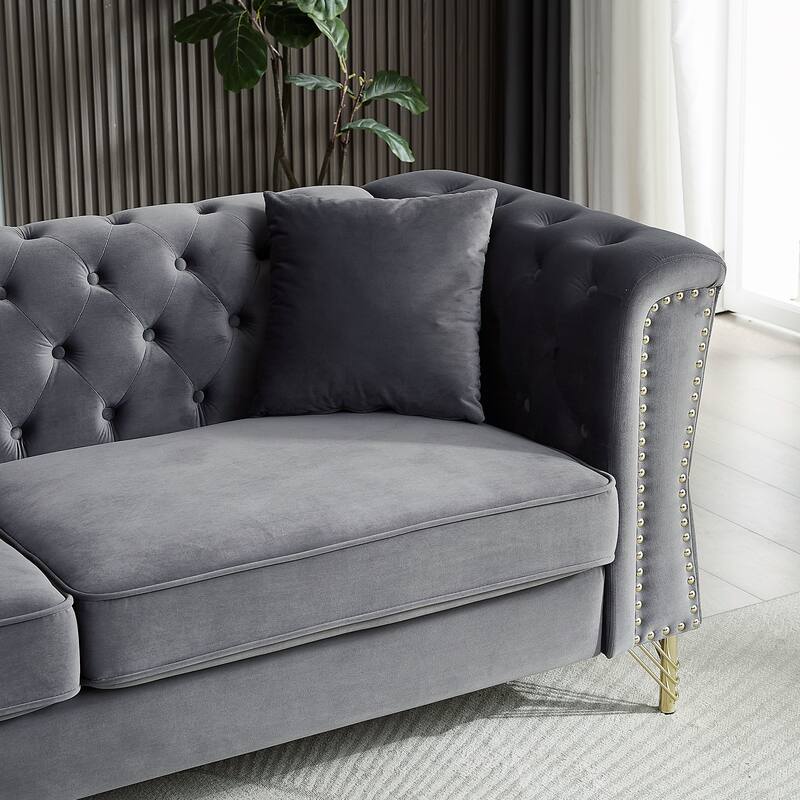 81.8" Velvet 3-seater Sofa with Tufted Couch and Metal Foot for Living Room