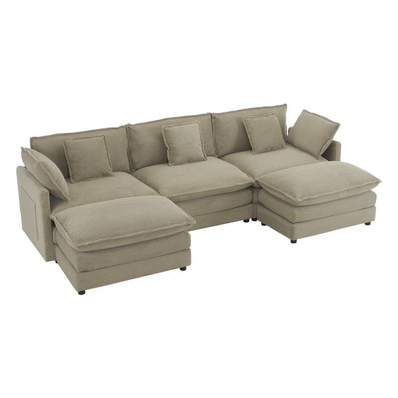 112.6" Corduroy Modular Sectional Sofa with Ottoman and Storage Pockets