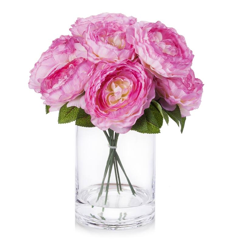 Enova Home Artificial Silk Peony Fake Flowers Arrangement in Glass Vase ...