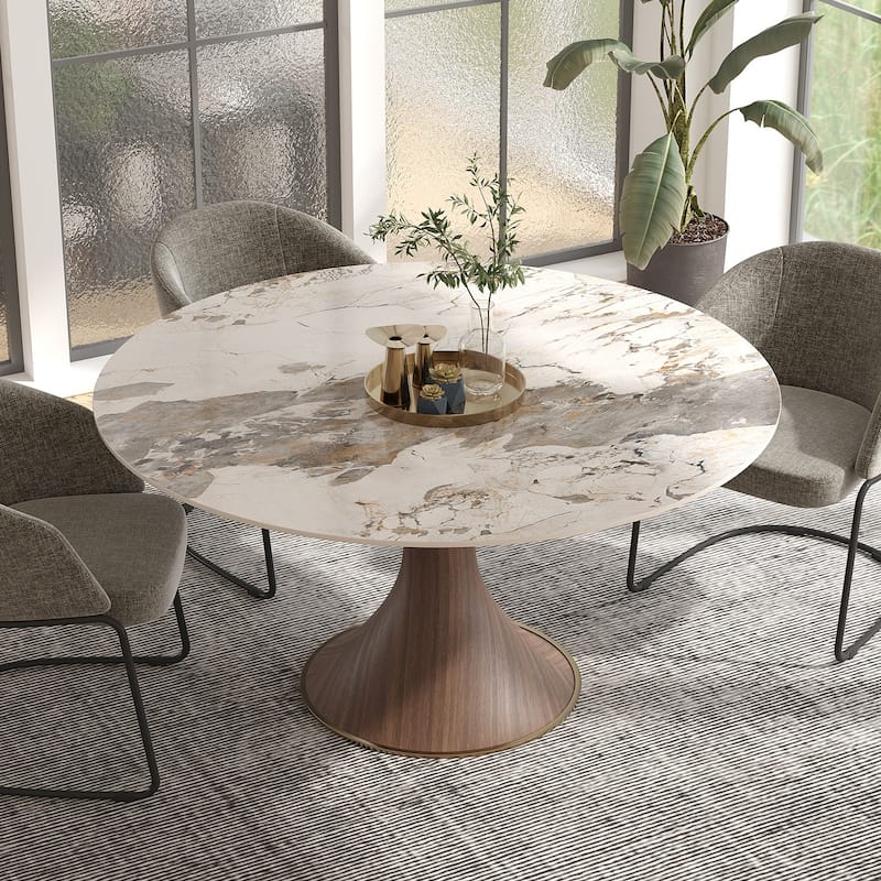 Modern Round Stone Top Black Woodgrain Pedestal Dining Table