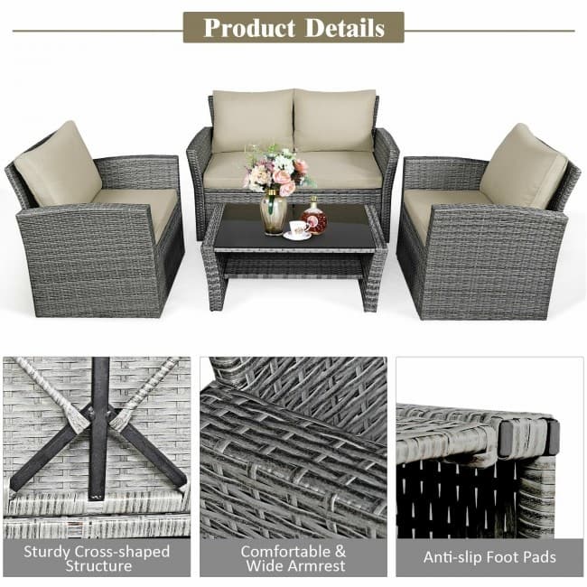 4 Pieces Patio Rattan Furniture Set Sofa Table with Storage Shelf Cushion - 48.5" x 26.5" x 30" (L x W x H)