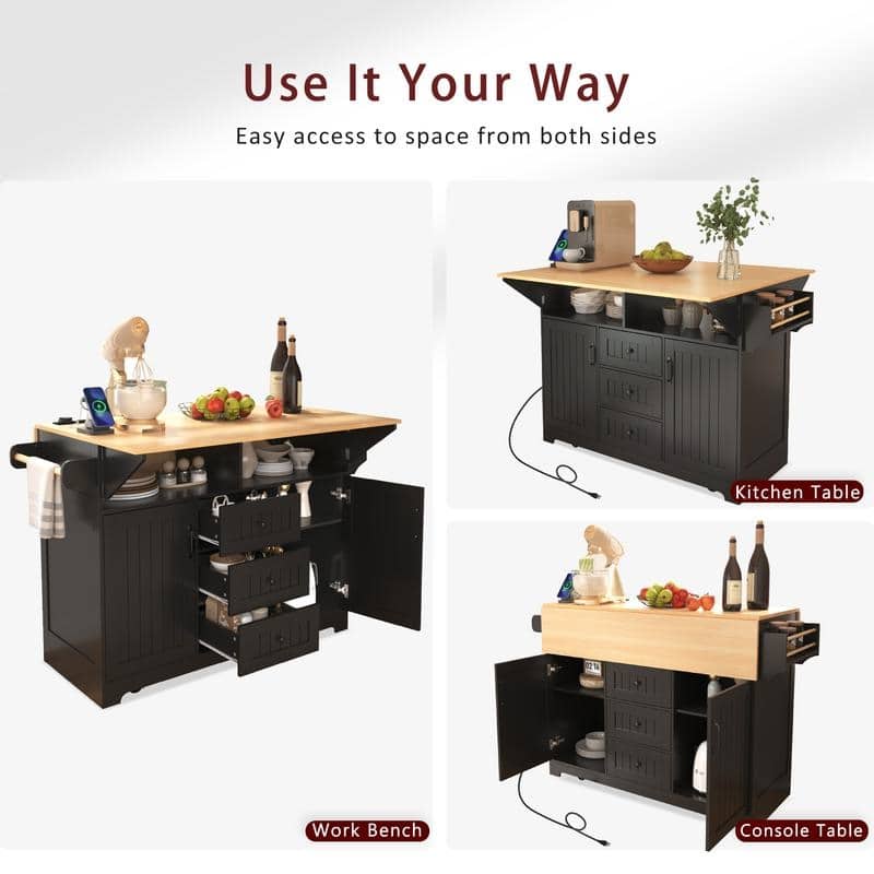 55.7" Rolling Kitchen Island with 2 Drop Leaf Power Outlet Spice Rack and 3 Drawers