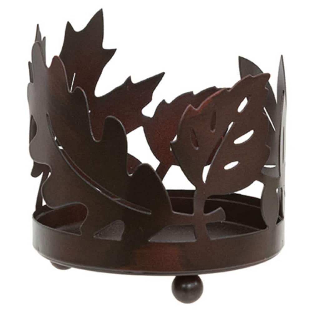 4.25"H Autumn Leaf Pillar Candle Holder in Rusted Metal Finish Round Base - 4.25" H x 4" Dia