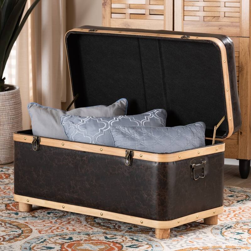 Modern Rustic Transitional Dark Brown Faux Leather Upholstered and Oak Brown Finished Wood Large Storage Ottoman