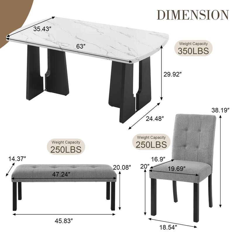 6 Piece Dining Table Set, Faux Marble Dining Table with 4 Upholstered Chairs & 1 Bench, Kitchen Dining Table & Chair Set