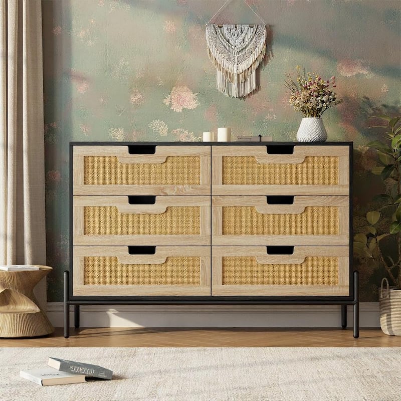6 Rattan Openwork Grip Chest, with Storage - Black+Oak