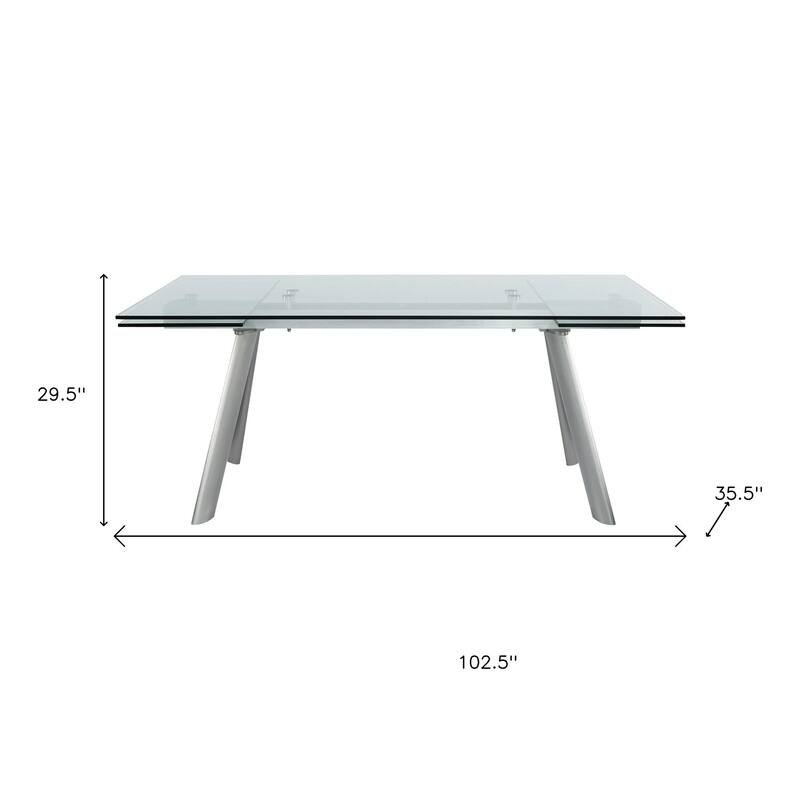 HomeRoots 103" Clear and Silver Glass and Steel Extendable Dining Table - 102.50 in. x 29.50 in. x 35.50 in.