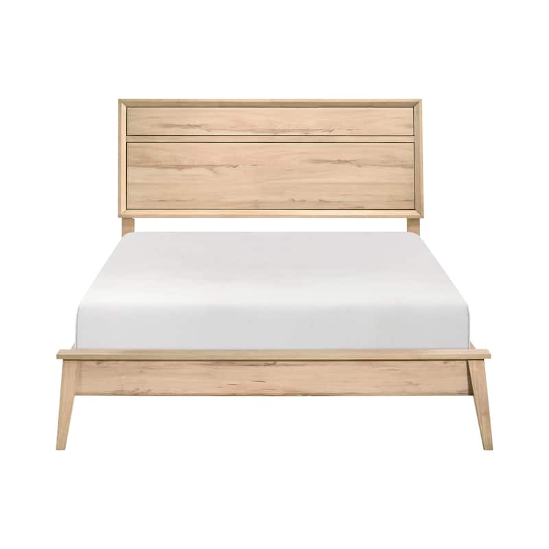 Mid-Century Modern Queen Bed in Natural Oak Finish, Includes Headboard, Footboard, and Rails